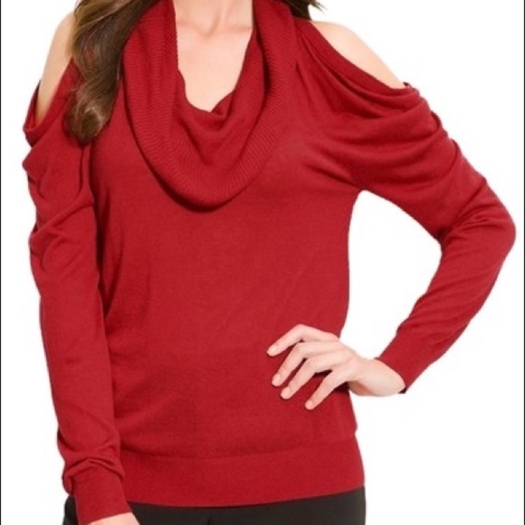 NEW Michael Kors Cut Out open Shoulder Shimmery cold cowl sweater Red M - Picture 3 of 13